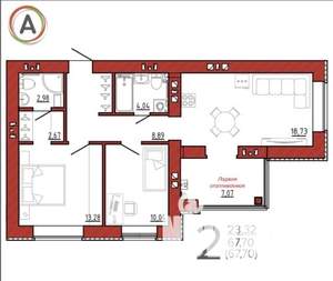 2-к квартира, сданный дом, 68м2, 8/9 этаж