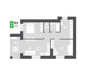 2-к квартира, вторичка, 61м2, 4/9 этаж