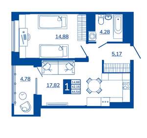 1-к квартира, вторичка, 44м2, 17/17 этаж