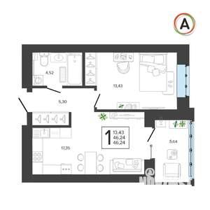 1-к квартира, вторичка, 46м2, 5/9 этаж