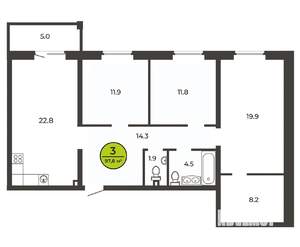 3-к квартира, строящийся дом, 98м2, 2/9 этаж