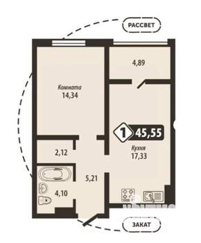 1-к квартира, строящийся дом, 46м2, 9/16 этаж
