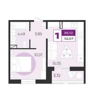 1-к квартира, вторичка, 35м2, 1/10 этаж