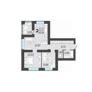 2-к квартира, вторичка, 62м2, 3/9 этаж