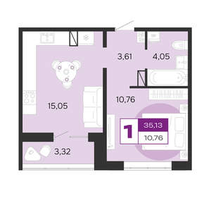 1-к квартира, вторичка, 35м2, 2/10 этаж