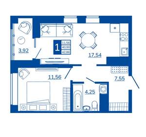 1-к квартира, вторичка, 42м2, 10/17 этаж