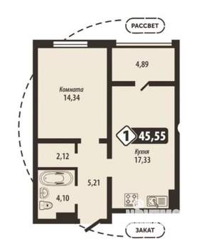 1-к квартира, вторичка, 46м2, 5/16 этаж