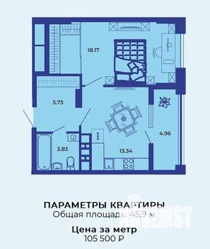 1-к квартира, сданный дом, 46м2, 9/19 этаж