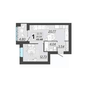 1-к квартира, вторичка, 43м2, 7/9 этаж
