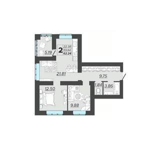 2-к квартира, вторичка, 62м2, 9/9 этаж