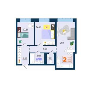 2-к квартира, вторичка, 59м2, 1/16 этаж