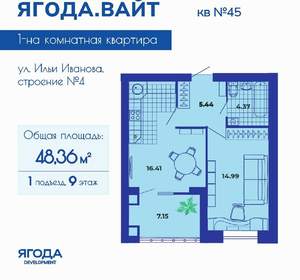 1-к квартира, вторичка, 48м2, 9/9 этаж