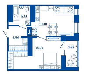 1-к квартира, вторичка, 51м2, 16/17 этаж