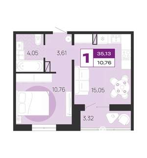 1-к квартира, вторичка, 35м2, 2/10 этаж