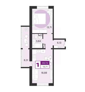 1-к квартира, вторичка, 47м2, 4/8 этаж