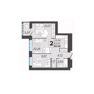 2-к квартира, вторичка, 55м2, 9/9 этаж