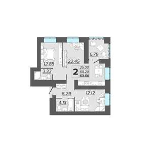 2-к квартира, вторичка, 64м2, 3/15 этаж