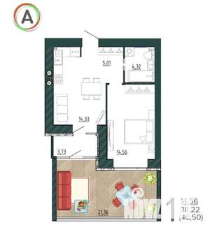 1-к квартира, сданный дом, 47м2, 1/9 этаж