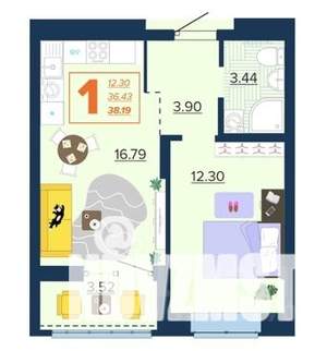 1-к квартира, вторичка, 38м2, 13/16 этаж