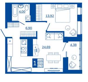1-к квартира, вторичка, 51м2, 16/17 этаж