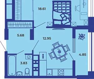 1-к квартира, вторичка, 46м2, 6/19 этаж