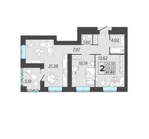 2-к квартира, вторичка, 62м2, 7/15 этаж