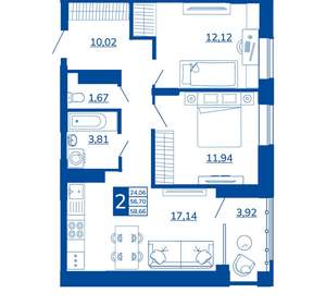 2-к квартира, вторичка, 58м2, 4/17 этаж