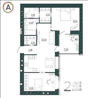 2-к квартира, сданный дом, 68м2, 7/9 этаж