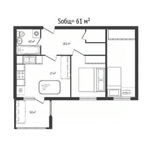 2-к квартира, вторичка, 61м2, 6/14 этаж