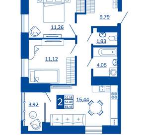 2-к квартира, вторичка, 55м2, 12/17 этаж
