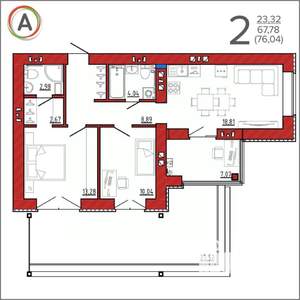 2-к квартира, сданный дом, 76м2, 1/9 этаж
