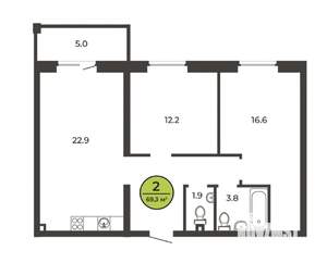 2-к квартира, сданный дом, 69м2, 1/9 этаж