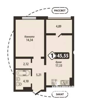 1-к квартира, строящийся дом, 46м2, 4/16 этаж