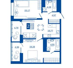 2-к квартира, вторичка, 71м2, 16/17 этаж