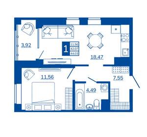 1-к квартира, вторичка, 44м2, 3/17 этаж