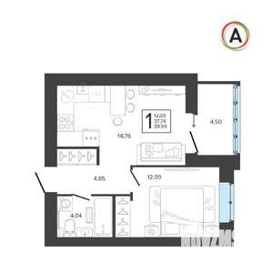 1-к квартира, вторичка, 40м2, 9/9 этаж