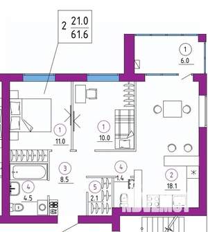 2-к квартира, сданный дом, 62м2, 1/4 этаж