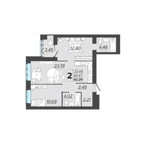 2-к квартира, вторичка, 62м2, 3/9 этаж