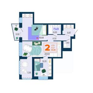 2-к квартира, вторичка, 66м2, 10/16 этаж