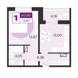 1-к квартира, вторичка, 40м2, 7/8 этаж