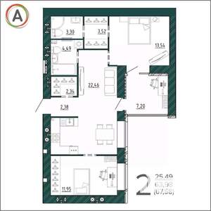 2-к квартира, вторичка, 68м2, 9/9 этаж