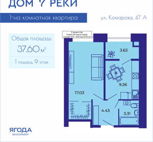 1-к квартира, вторичка, 38м2, 9/9 этаж