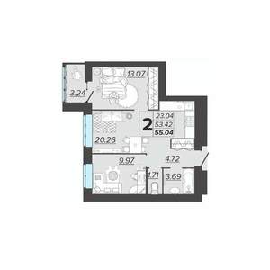 2-к квартира, вторичка, 55м2, 6/9 этаж