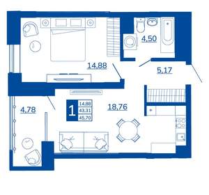 1-к квартира, вторичка, 45м2, 3/17 этаж
