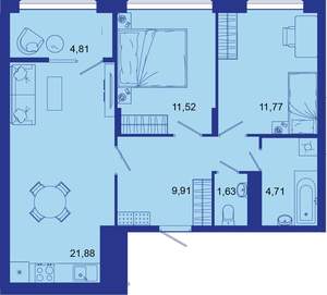 2-к квартира, вторичка, 66м2, 16/16 этаж