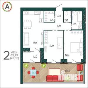 2-к квартира, вторичка, 77м2, 1/9 этаж