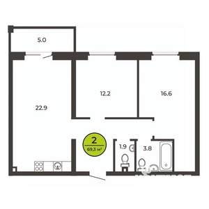 2-к квартира, вторичка, 69м2, 1/9 этаж