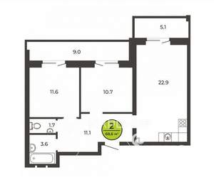 2-к квартира, вторичка, 69м2, 1/9 этаж