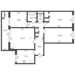 4-к квартира, вторичка, 76м2, 1/9 этаж