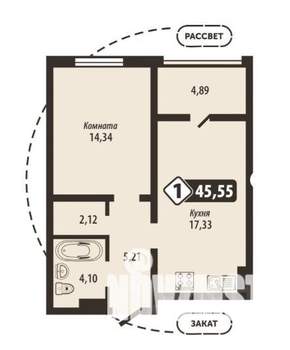 1-к квартира, строящийся дом, 46м2, 13/16 этаж